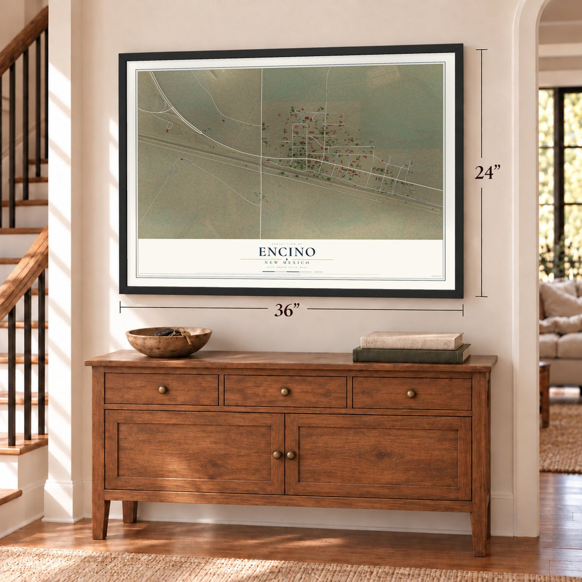 Encino, New Mexico map, 24 x 36 inch print in a black frame above a dresser by a staircase