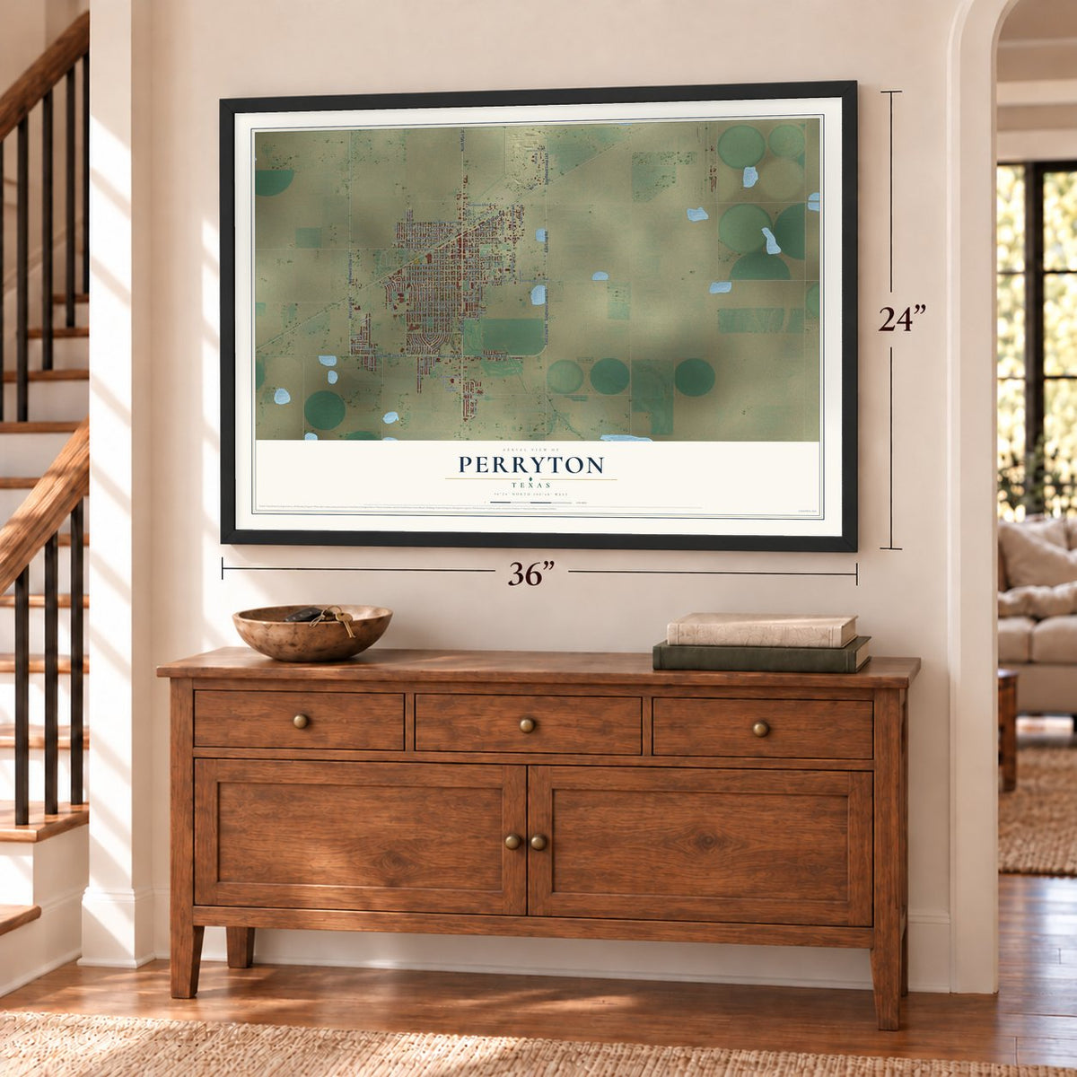 Perryton, Texas map, 24 x 36 inch print in a black frame above a dresser by a staircase
