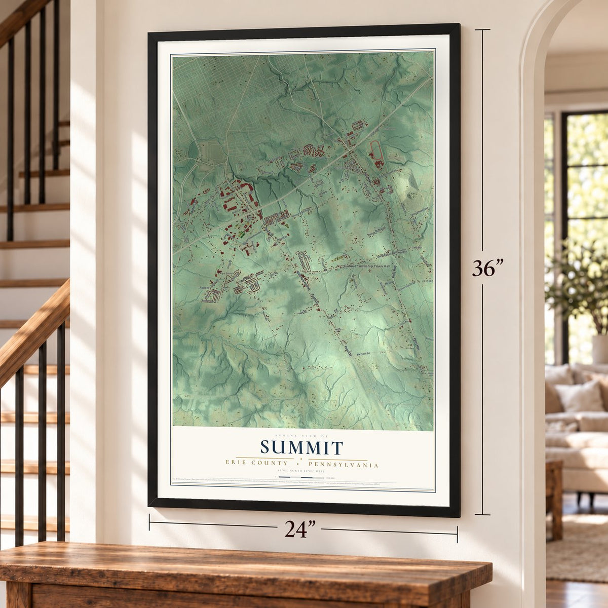 Summit, Erie County, Pennsylvania map, 24 x 36 inch print in a black frame by a staircase