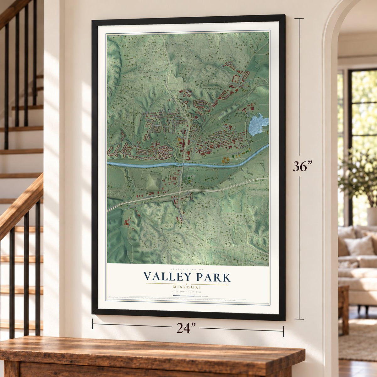 Valley Park, Missouri map, 24 x 36 inch print in a black frame by a staircase