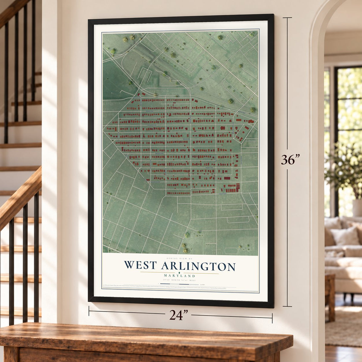 West Arlington, Maryland map, 24 x 36 inch print in a black frame by a staircase