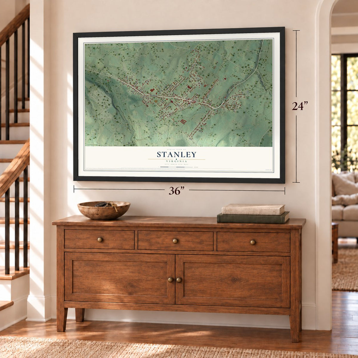 Stanley, Virginia map, 24 x 36 inch print in a black frame above a dresser by a staircase