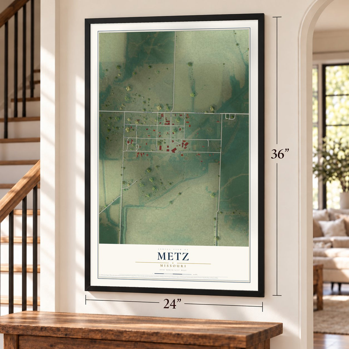 Metz, Missouri map, 24 x 36 inch print in a black frame by a staircase