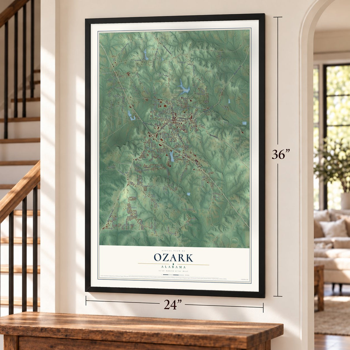 Ozark, Alabama map, 24 x 36 inch print in a black frame by a staircase
