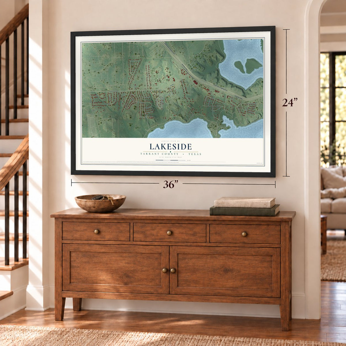 Lakeside, Tarrant County, Texas map, 24 x 36 inch print in a black frame above a dresser by a staircase