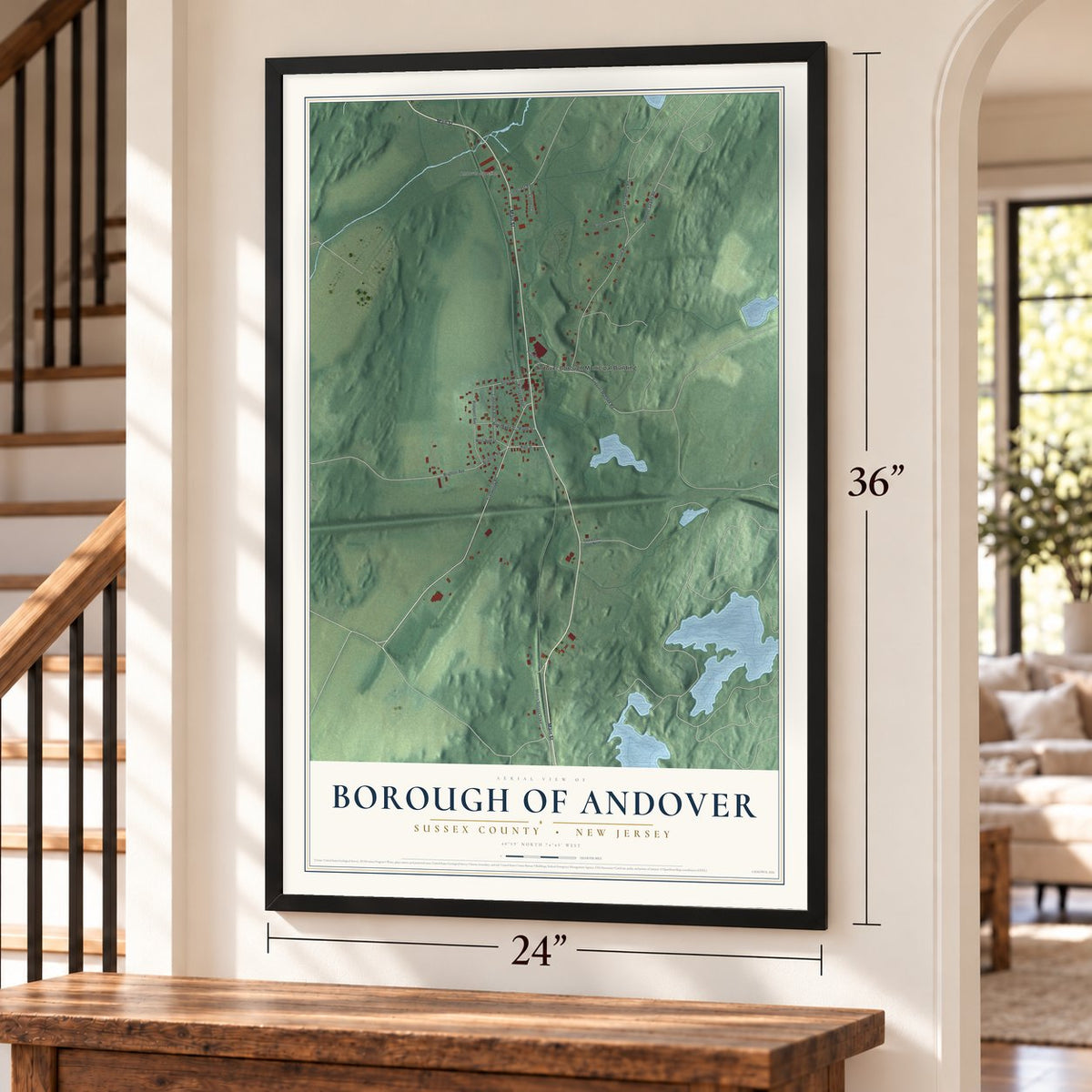 Borough of Andover, Sussex County, New Jersey map, 24 x 36 inch print in a black frame by a staircase