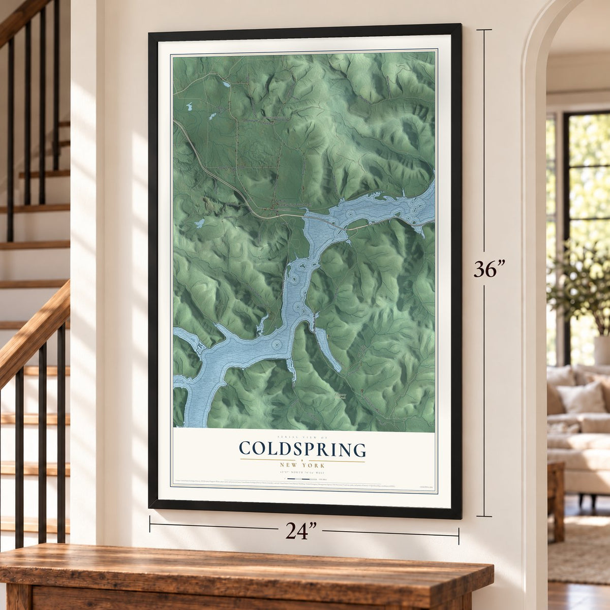 Coldspring, New York map, 24 x 36 inch print in a black frame by a staircase