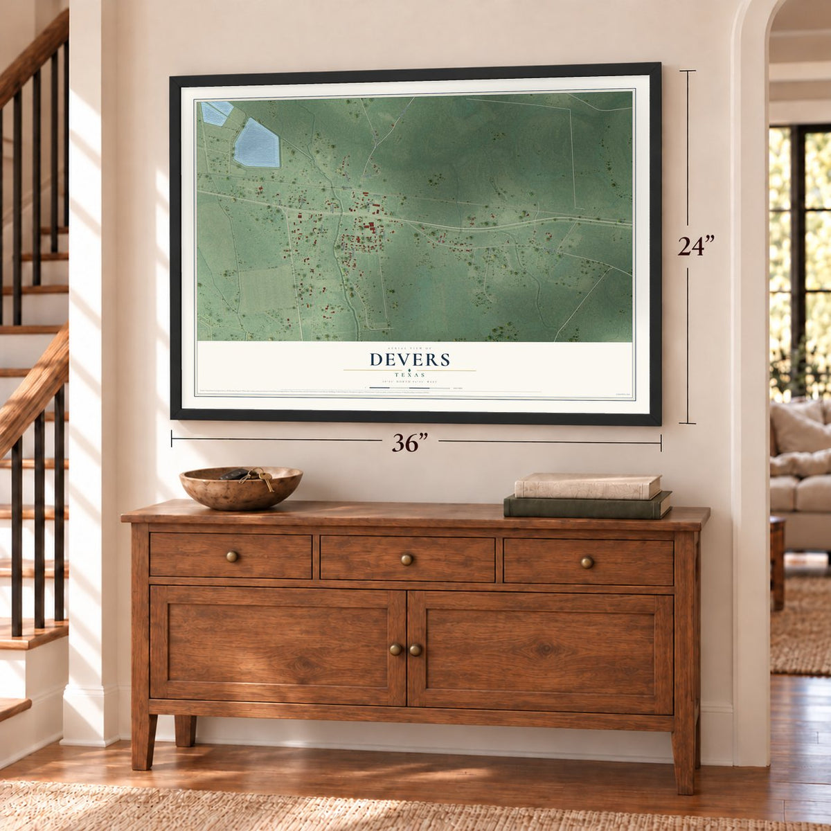 Devers, Texas map, 24 x 36 inch print in a black frame above a dresser by a staircase
