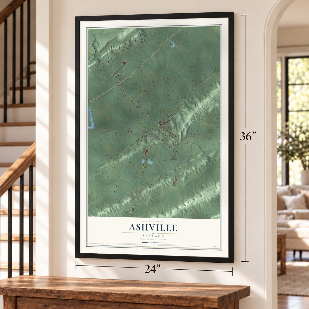 Ashville, Alabama map, 24 x 36 inch print in a black frame by a staircase