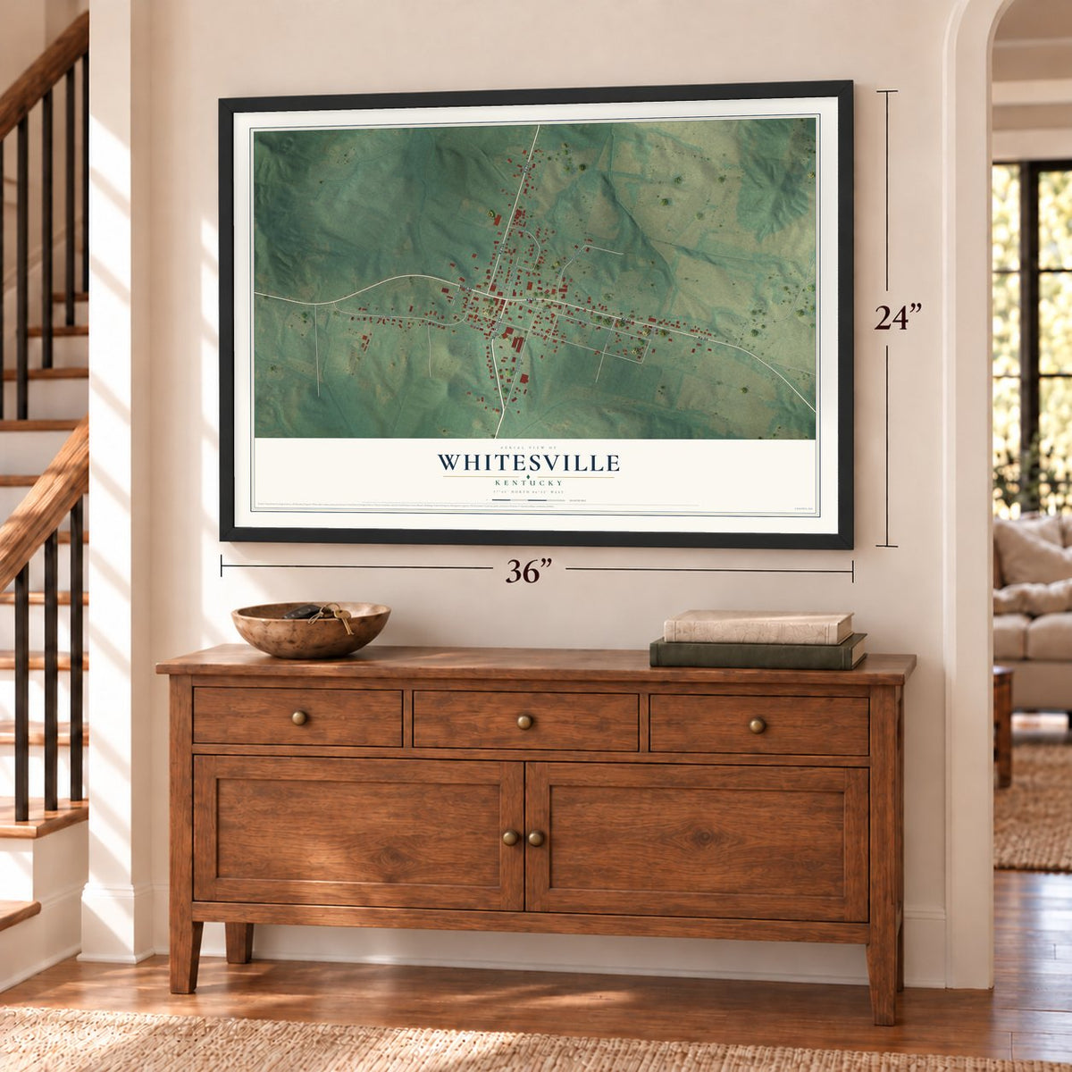 Whitesville, Kentucky map, 24 x 36 inch print in a black frame above a dresser by a staircase