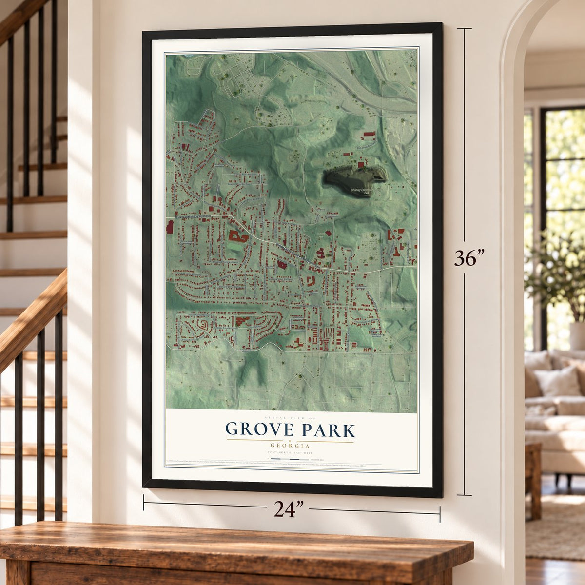 Grove Park, Georgia map, 24 x 36 inch print in a black frame by a staircase