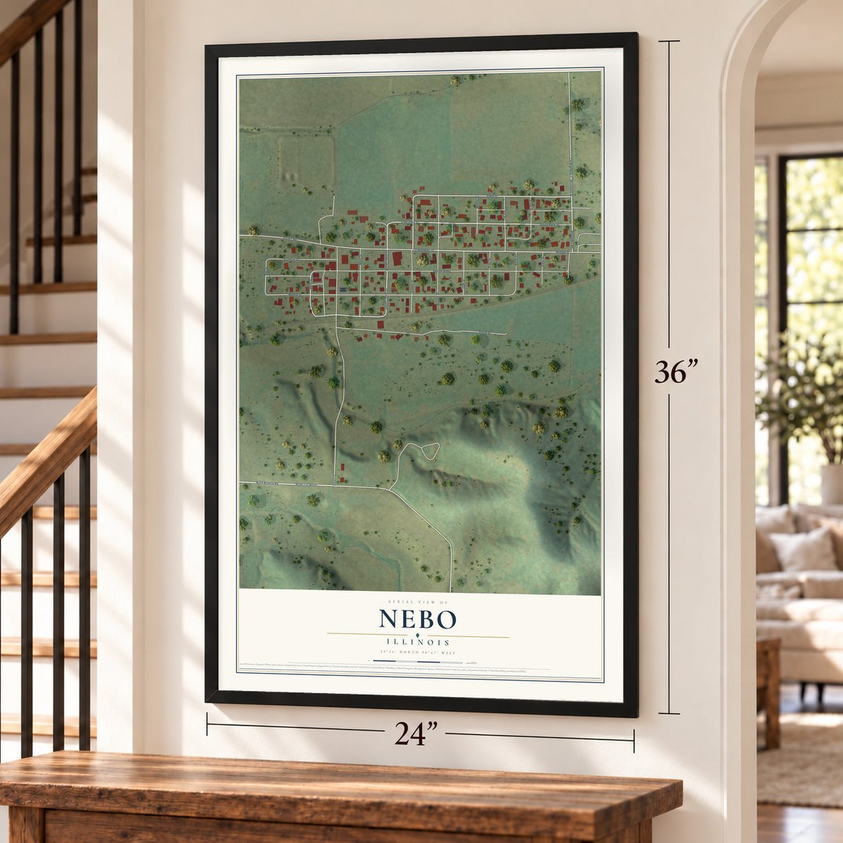Nebo, Illinois map, 24 x 36 inch print in a black frame by a staircase
