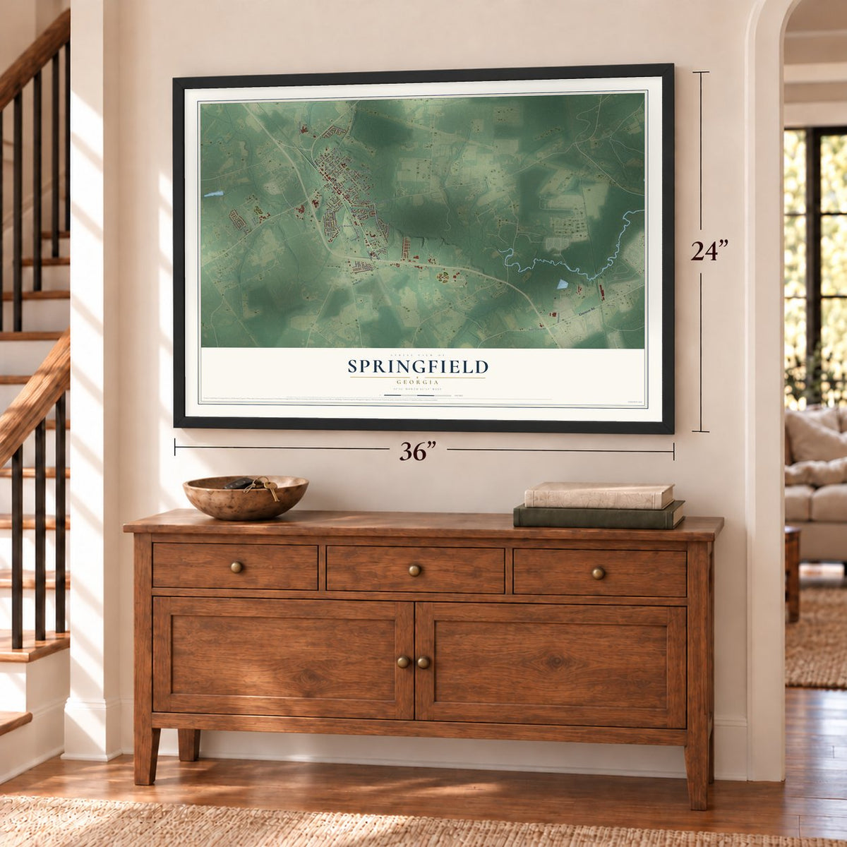 Springfield, Georgia map, 24 x 36 inch print in a black frame above a dresser by a staircase
