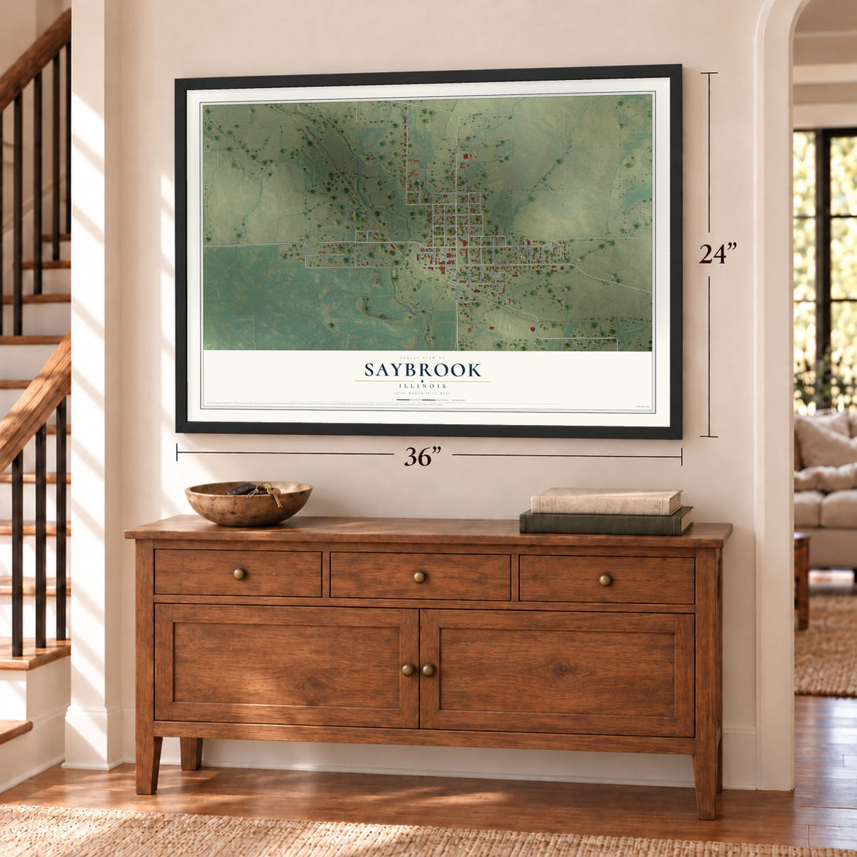 Saybrook, Illinois map, 24 x 36 inch print in a black frame above a dresser by a staircase