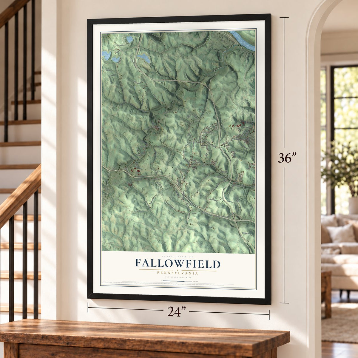 Fallowfield, Pennsylvania map, 24 x 36 inch print in a black frame by a staircase