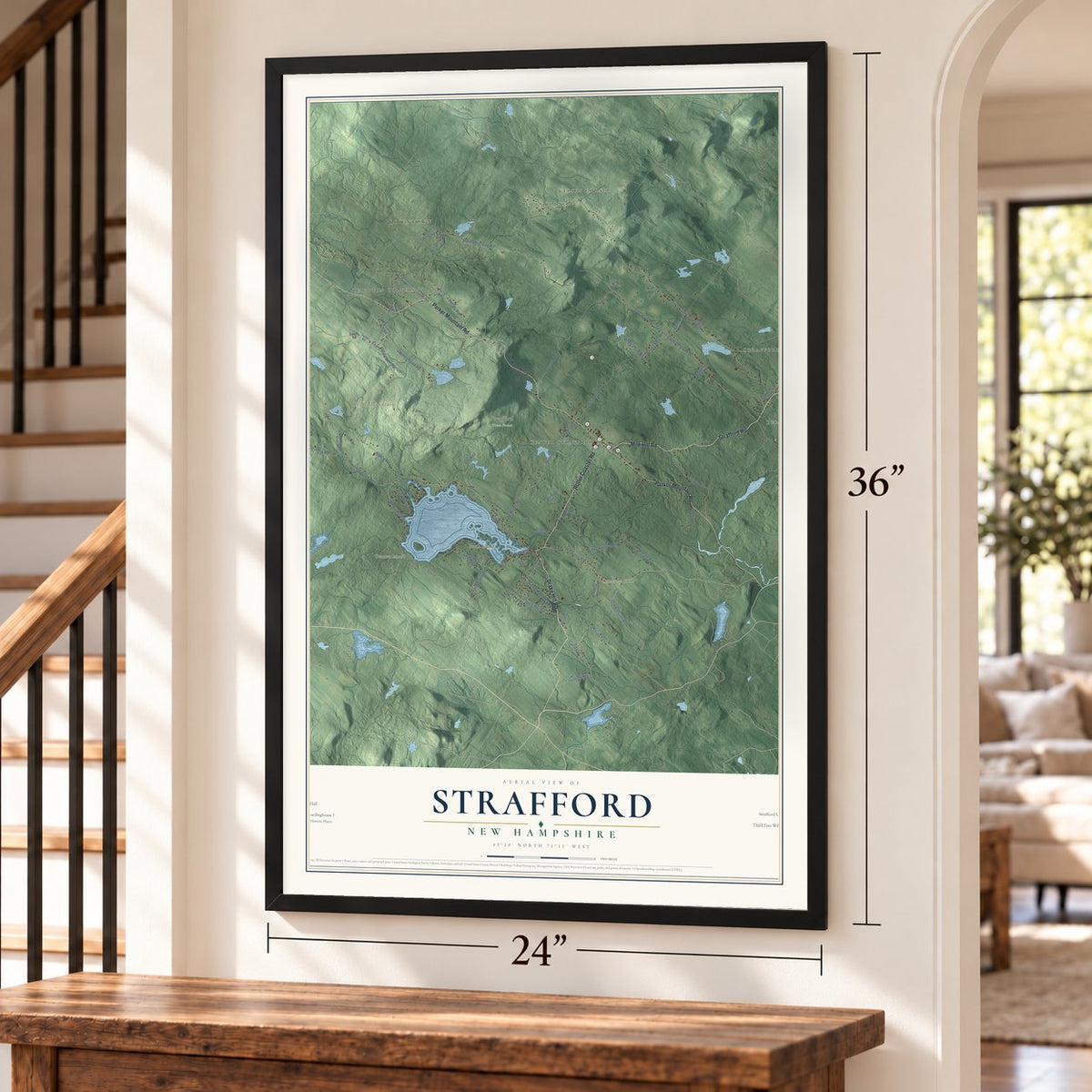 Strafford, New Hampshire map, 24 x 36 inch print in a black frame by a staircase