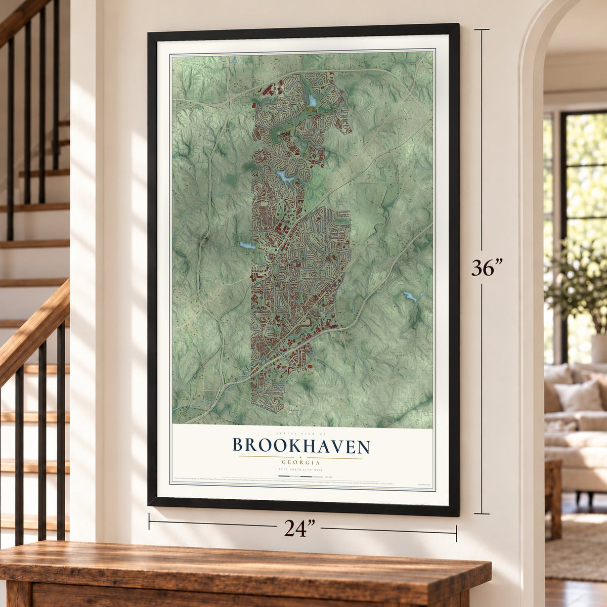 Brookhaven, Georgia map, 24 x 36 inch print in a black frame by a staircase