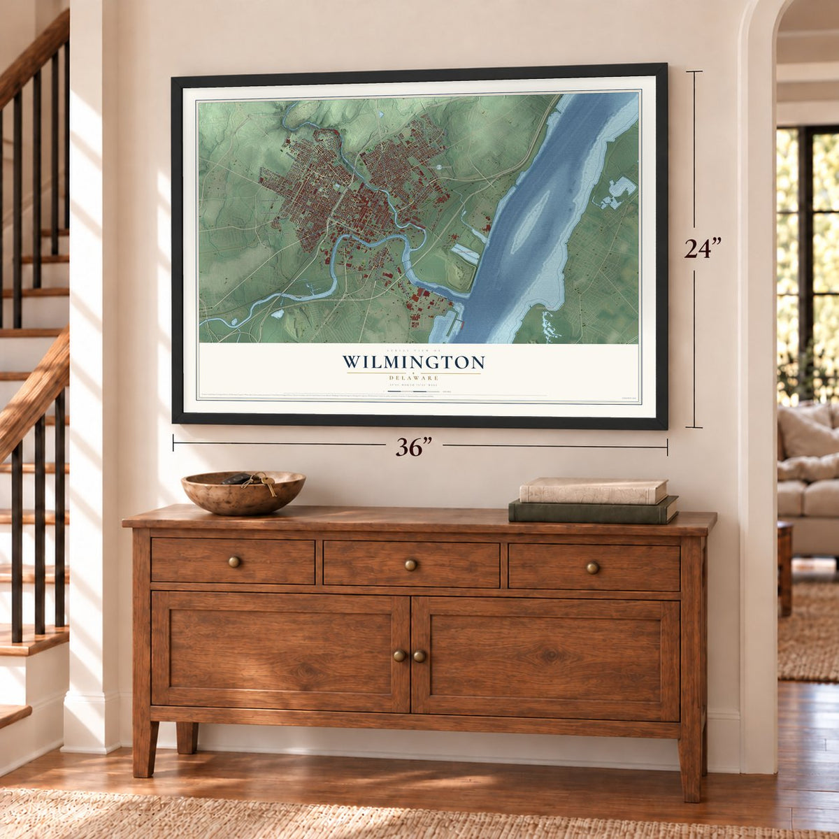 Wilmington, Delaware map, 24 x 36 inch print in a black frame above a dresser by a staircase