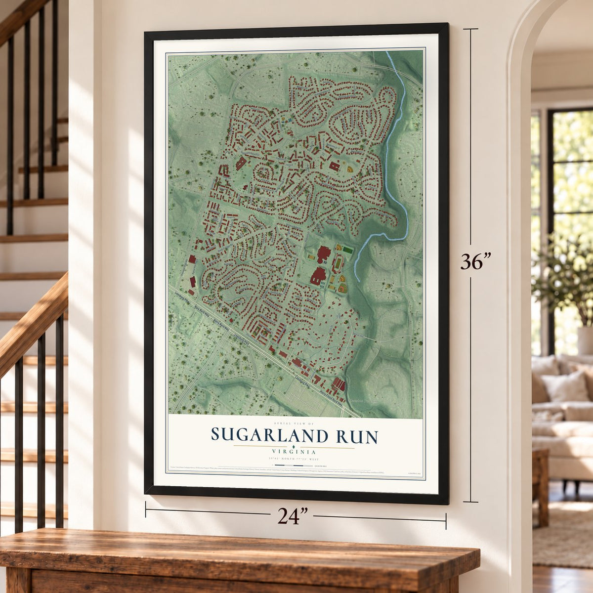Sugarland Run, Virginia map, 24 x 36 inch print in a black frame by a staircase