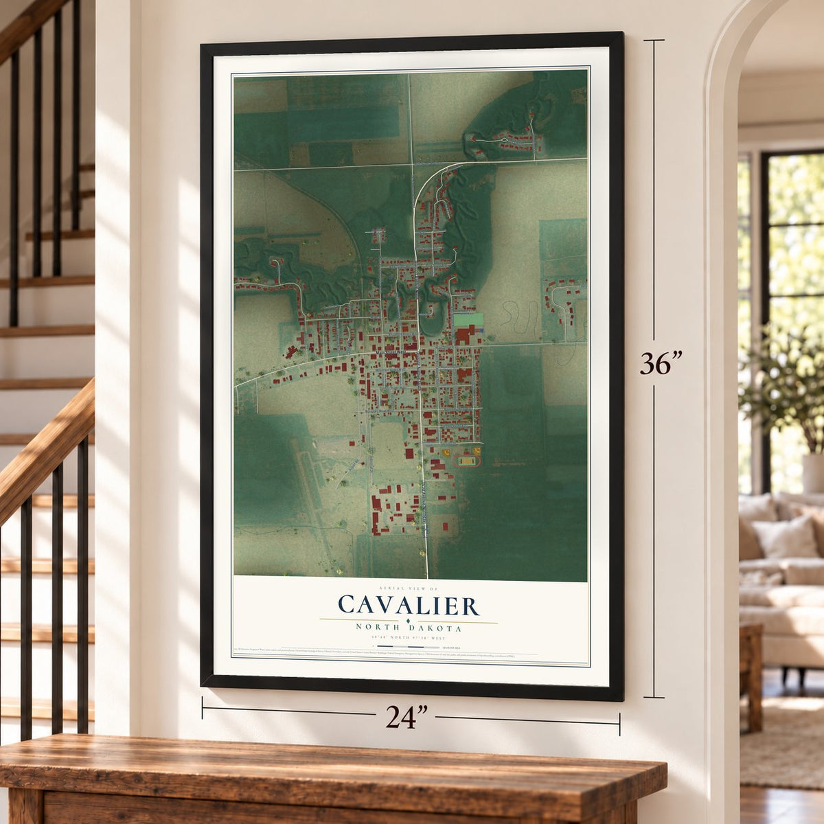 Cavalier, North Dakota map, 24 x 36 inch print in a black frame by a staircase