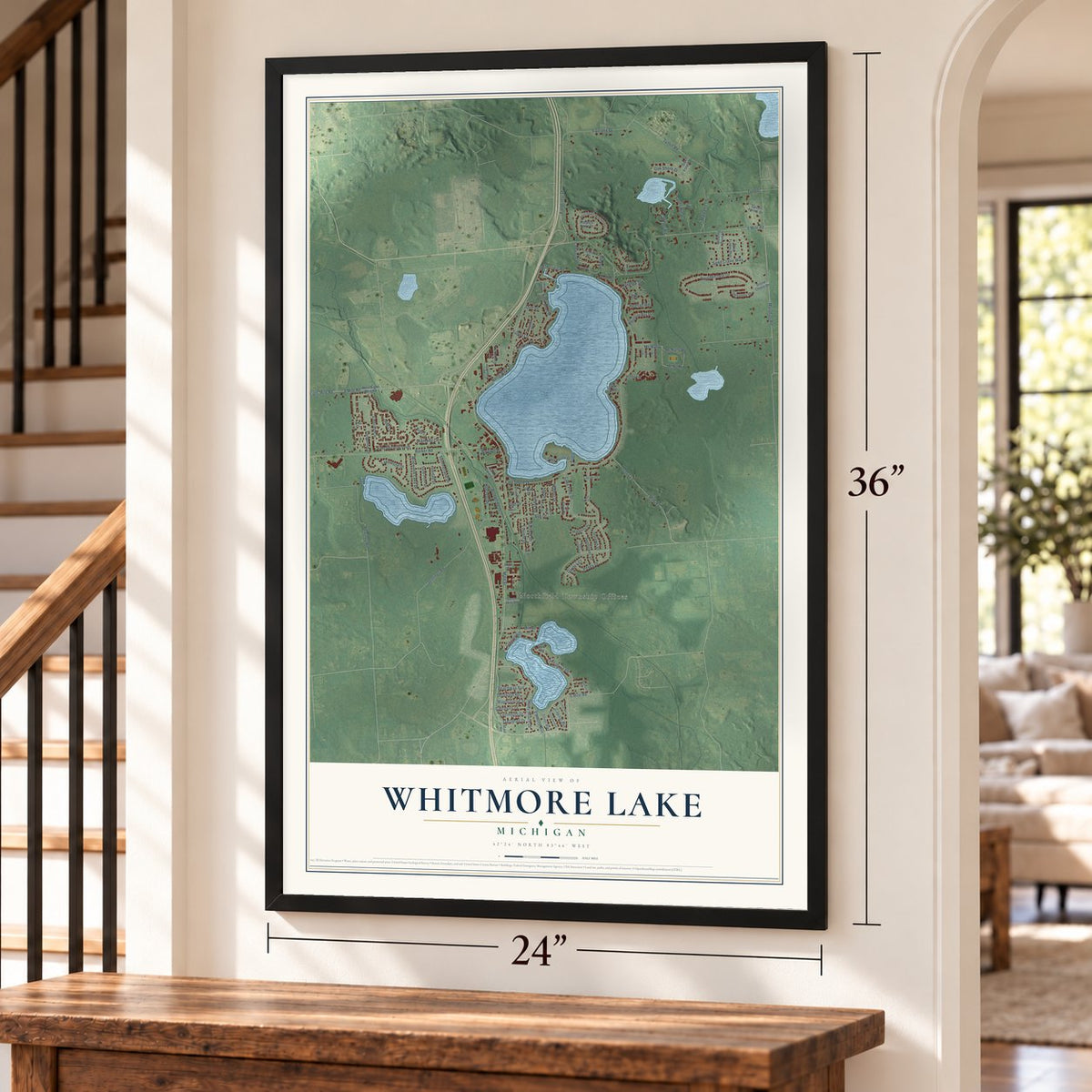 Whitmore Lake, Michigan map, 24 x 36 inch print in a black frame by a staircase