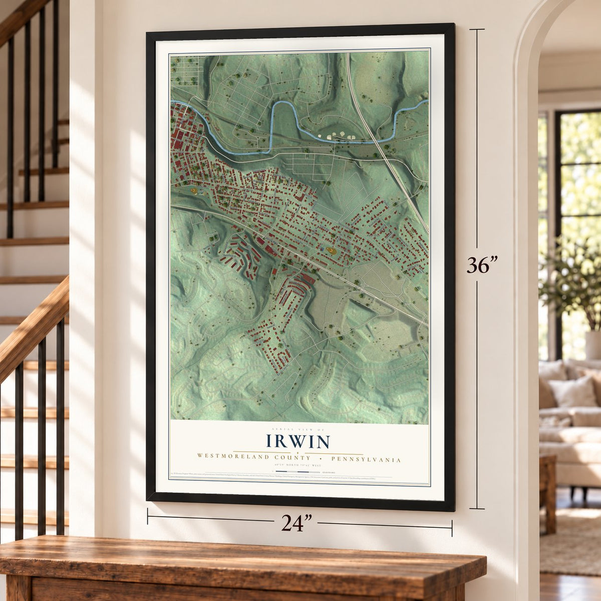 Irwin, Westmoreland County, Pennsylvania map, 24 x 36 inch print in a black frame by a staircase