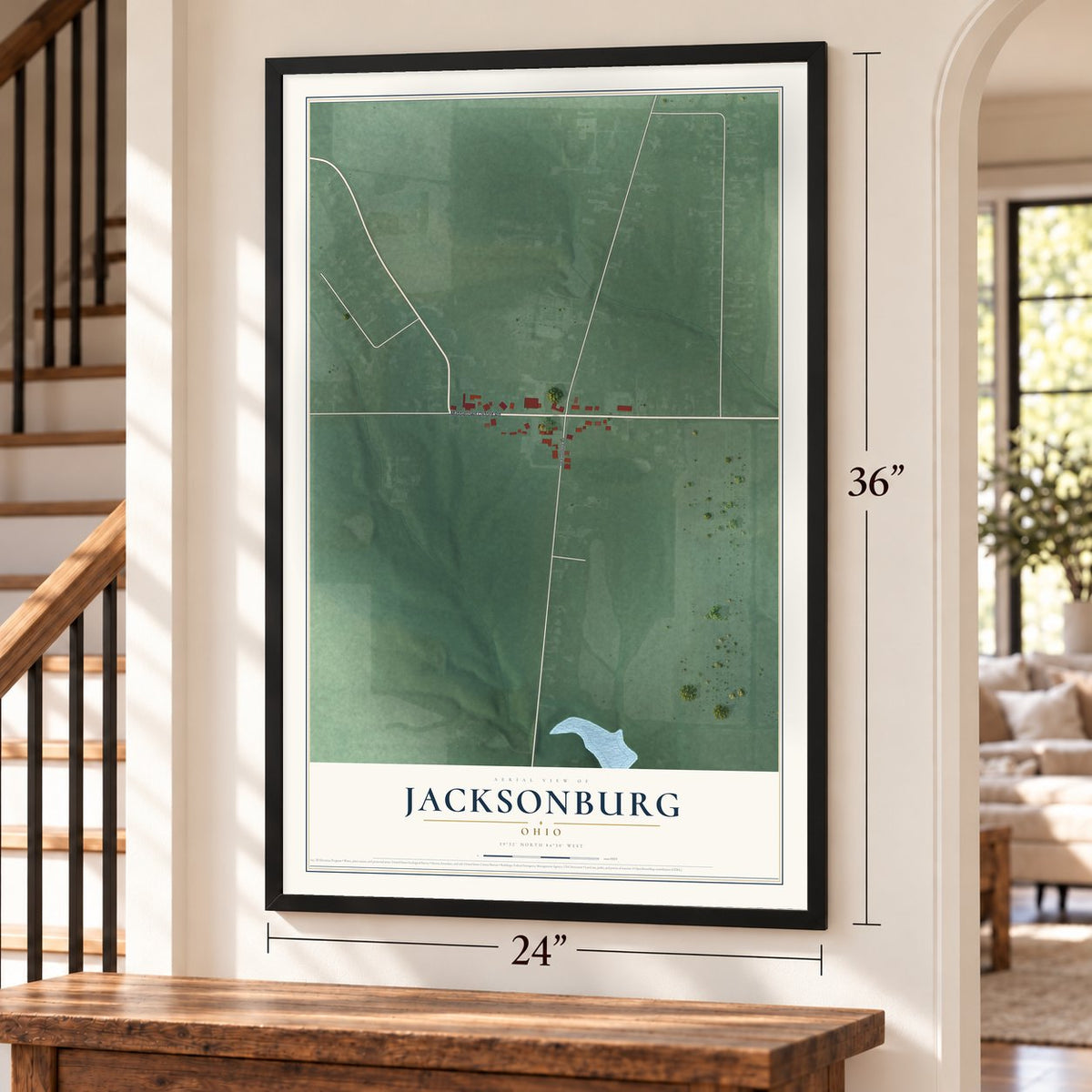 Jacksonburg, Ohio map, 24 x 36 inch print in a black frame by a staircase