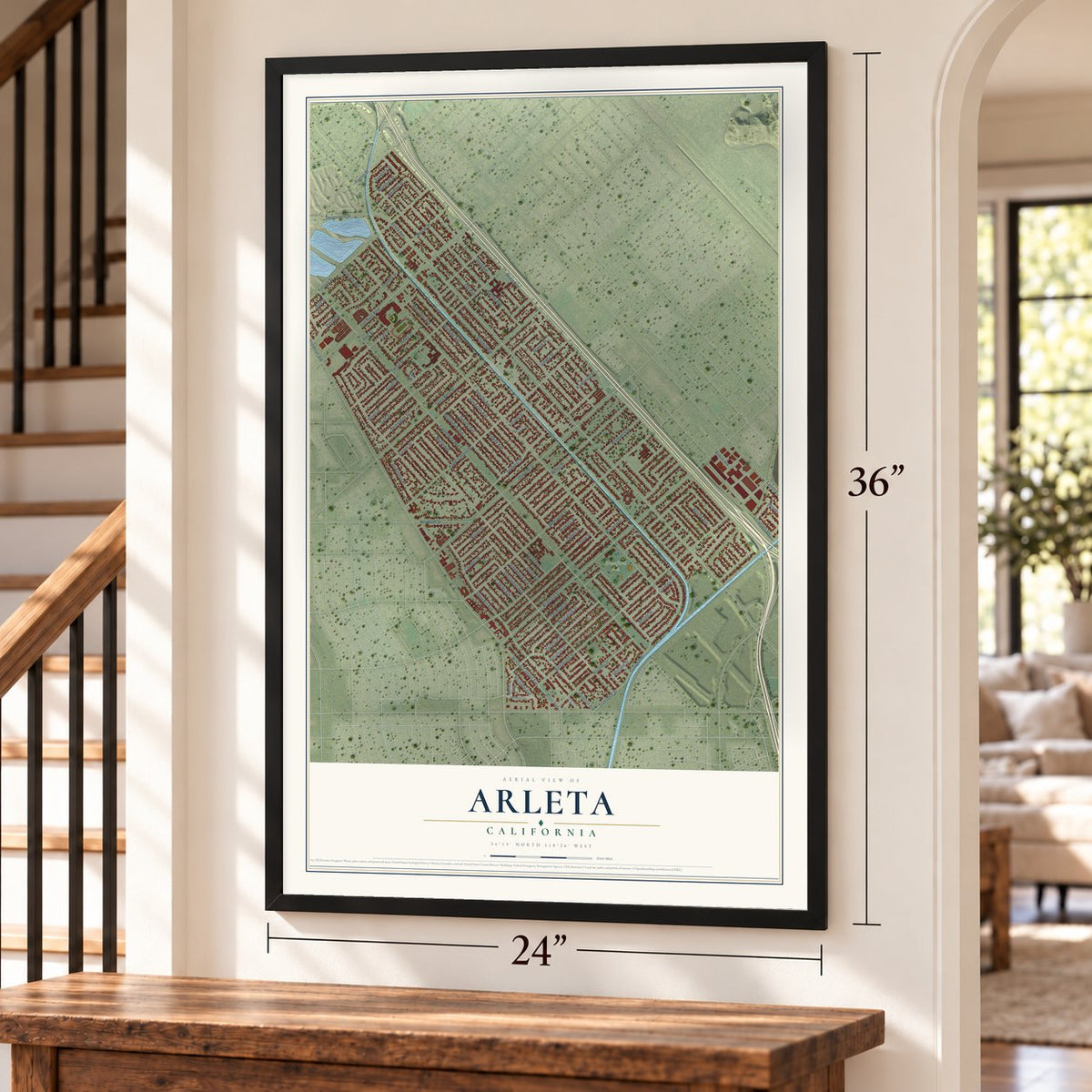Arleta, California map, 24 x 36 inch print in a black frame by a staircase