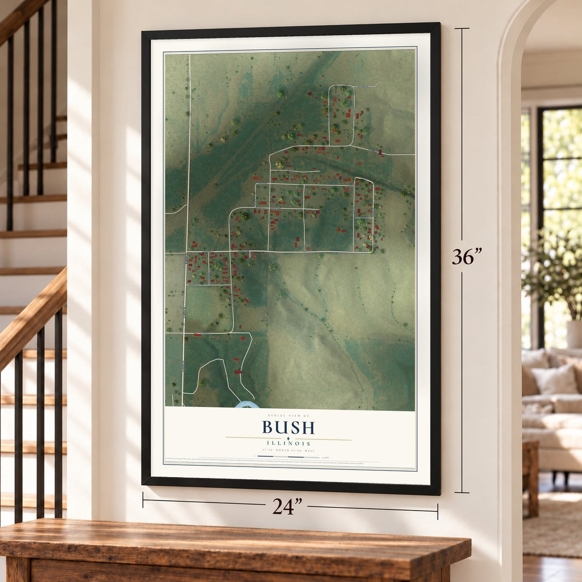 Bush, Illinois map, 24 x 36 inch print in a black frame by a staircase