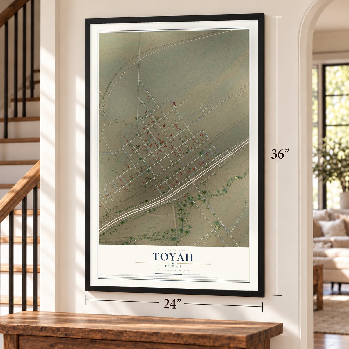 Toyah, Texas map, 24 x 36 inch print in a black frame by a staircase