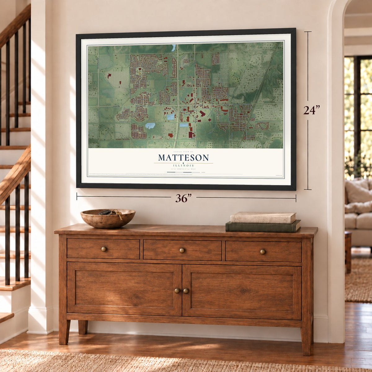 Matteson, Illinois map, 24 x 36 inch print in a black frame above a dresser by a staircase