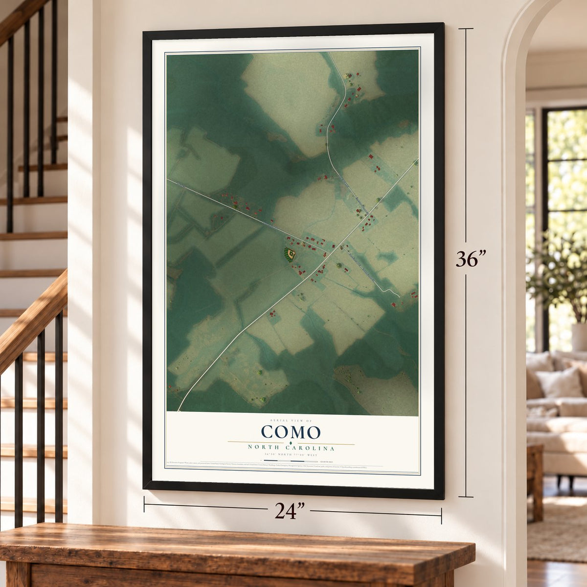 Como, North Carolina map, 24 x 36 inch print in a black frame by a staircase