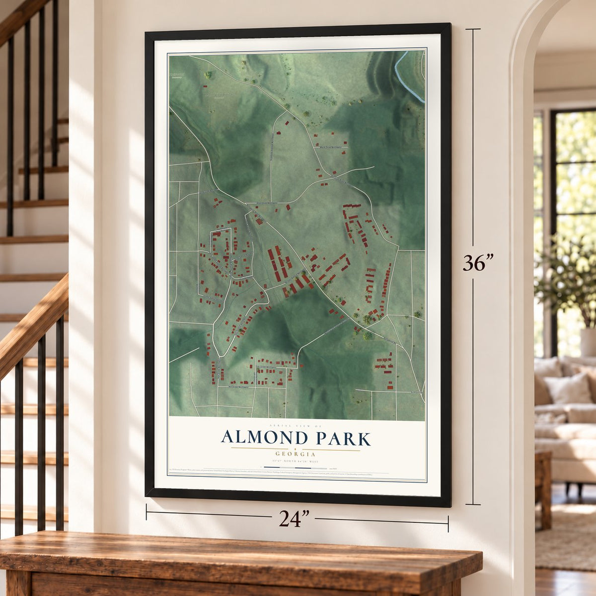 Almond Park, Georgia map, 24 x 36 inch print in a black frame by a staircase