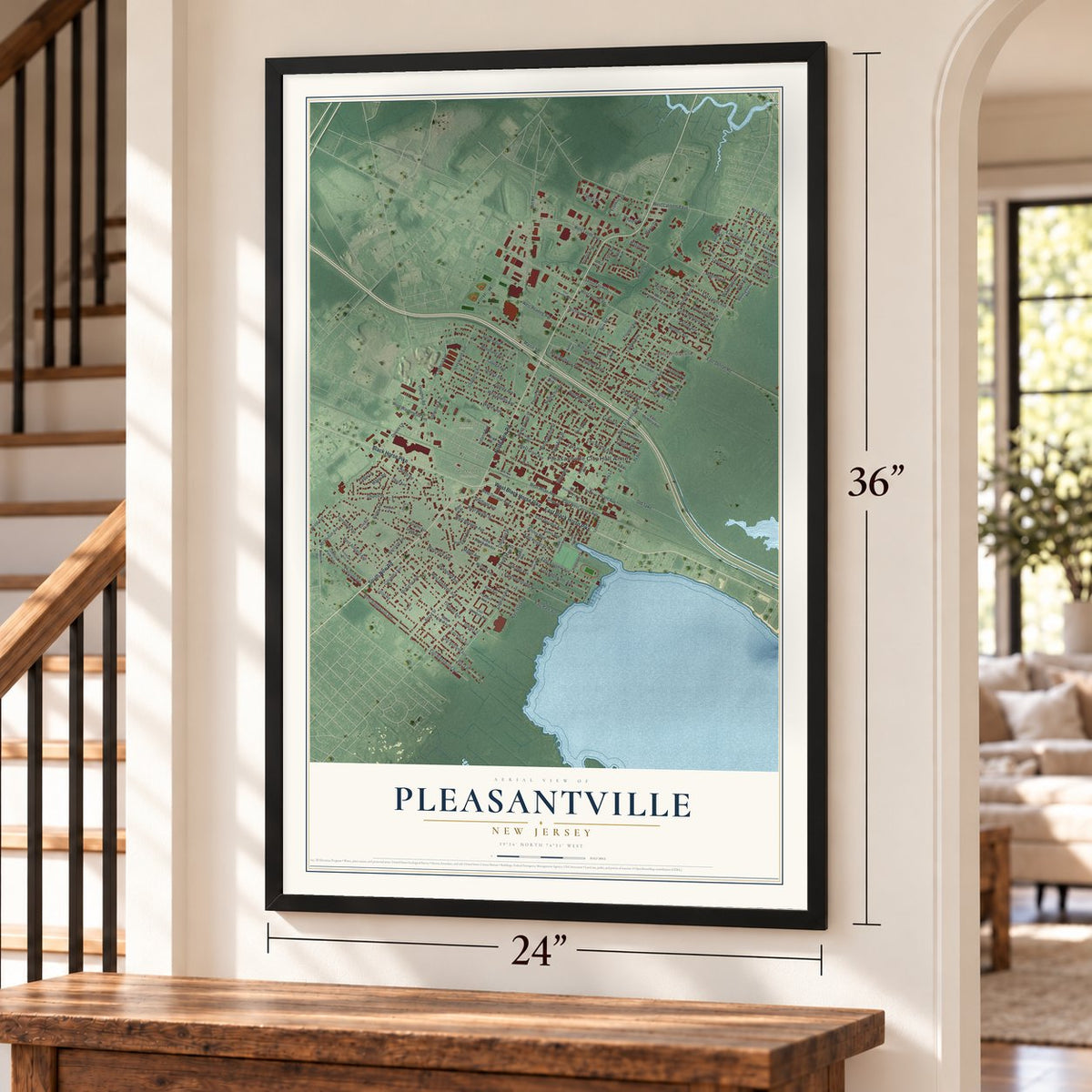 Pleasantville, New Jersey map, 24 x 36 inch print in a black frame by a staircase