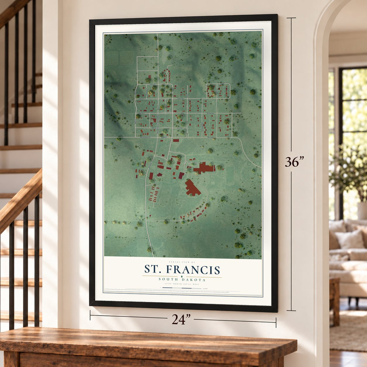 St. Francis, South Dakota map, 24 x 36 inch print in a black frame by a staircase