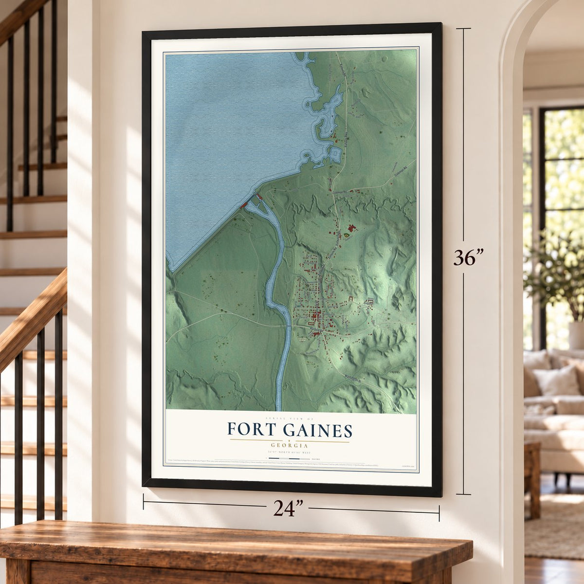 Fort Gaines, Georgia map, 24 x 36 inch print in a black frame by a staircase