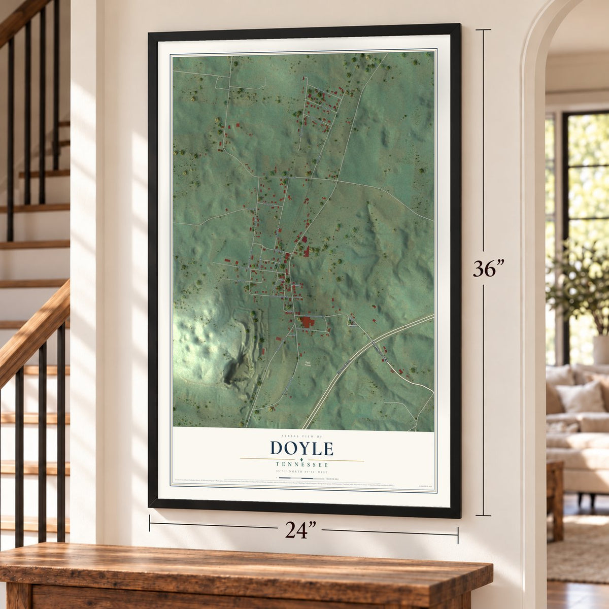 Doyle, Tennessee map, 24 x 36 inch print in a black frame by a staircase