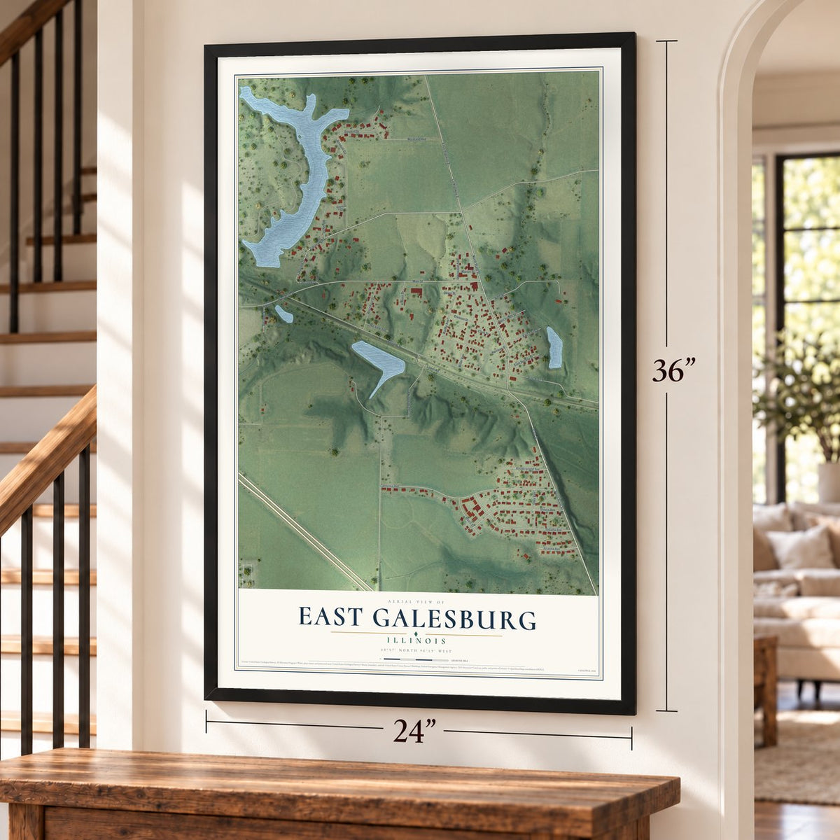 East Galesburg, Illinois map, 24 x 36 inch print in a black frame by a staircase
