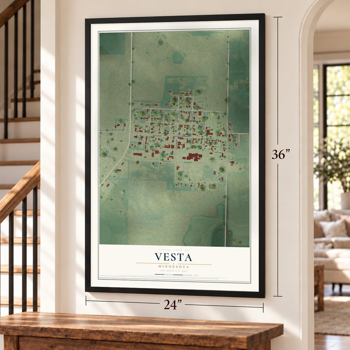 Vesta, Minnesota map, 24 x 36 inch print in a black frame by a staircase