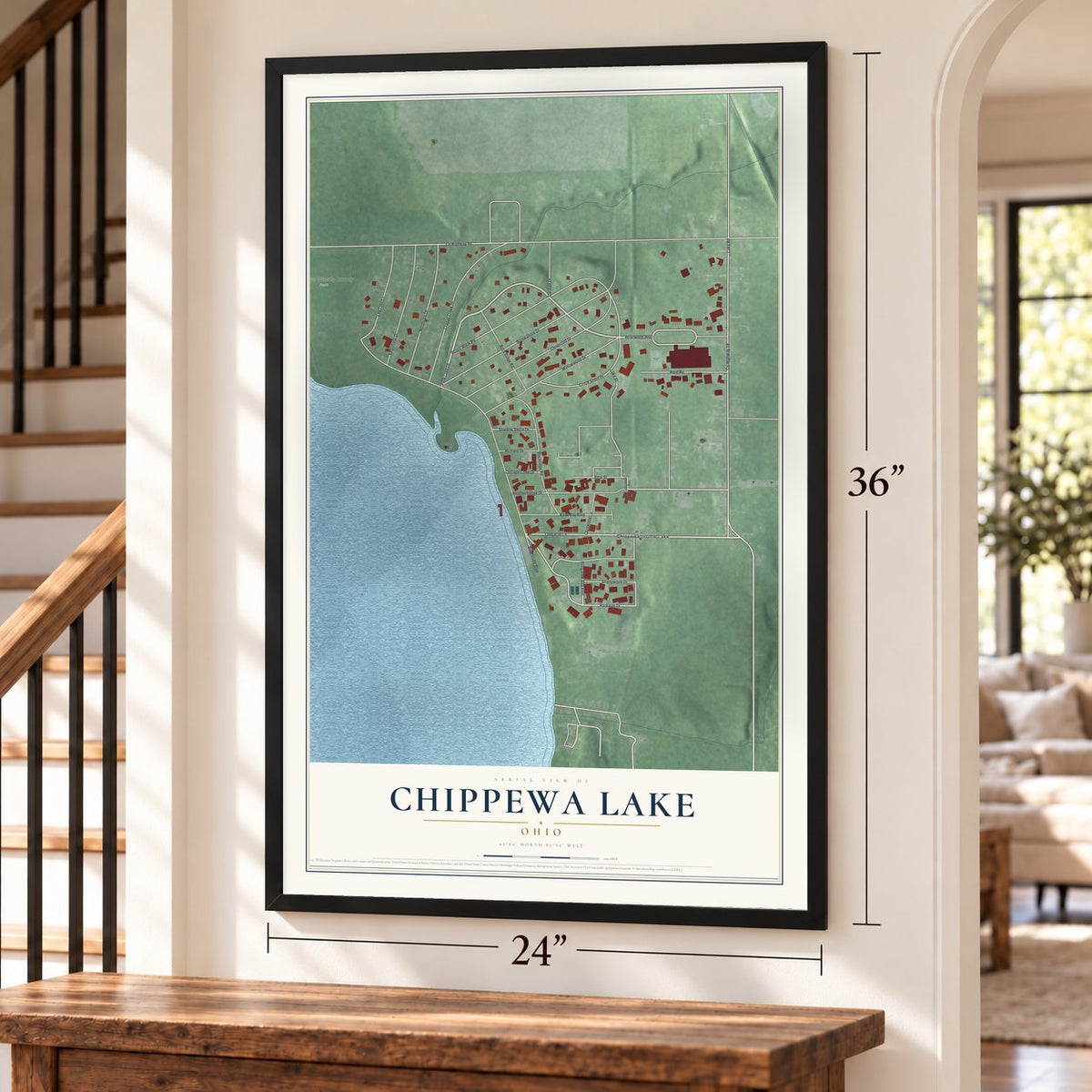 Chippewa Lake, Ohio map, 24 x 36 inch print in a black frame by a staircase