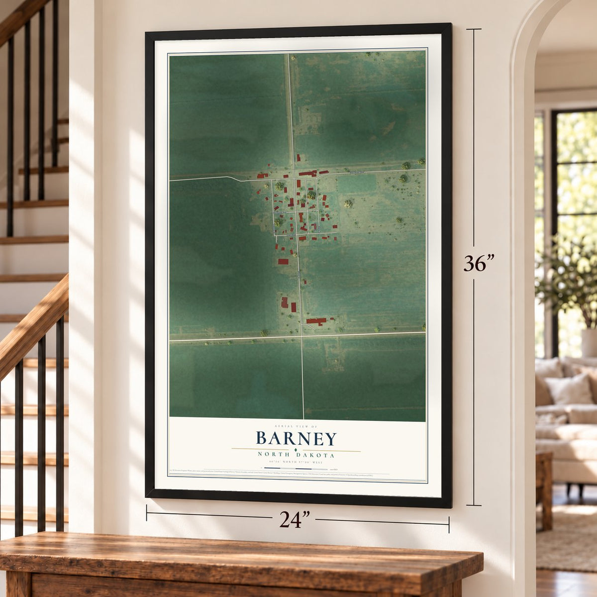 Barney, North Dakota map, 24 x 36 inch print in a black frame by a staircase