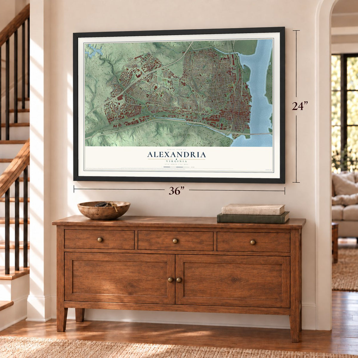 Alexandria, Virginia map, 24 x 36 inch print in a black frame above a dresser by a staircase