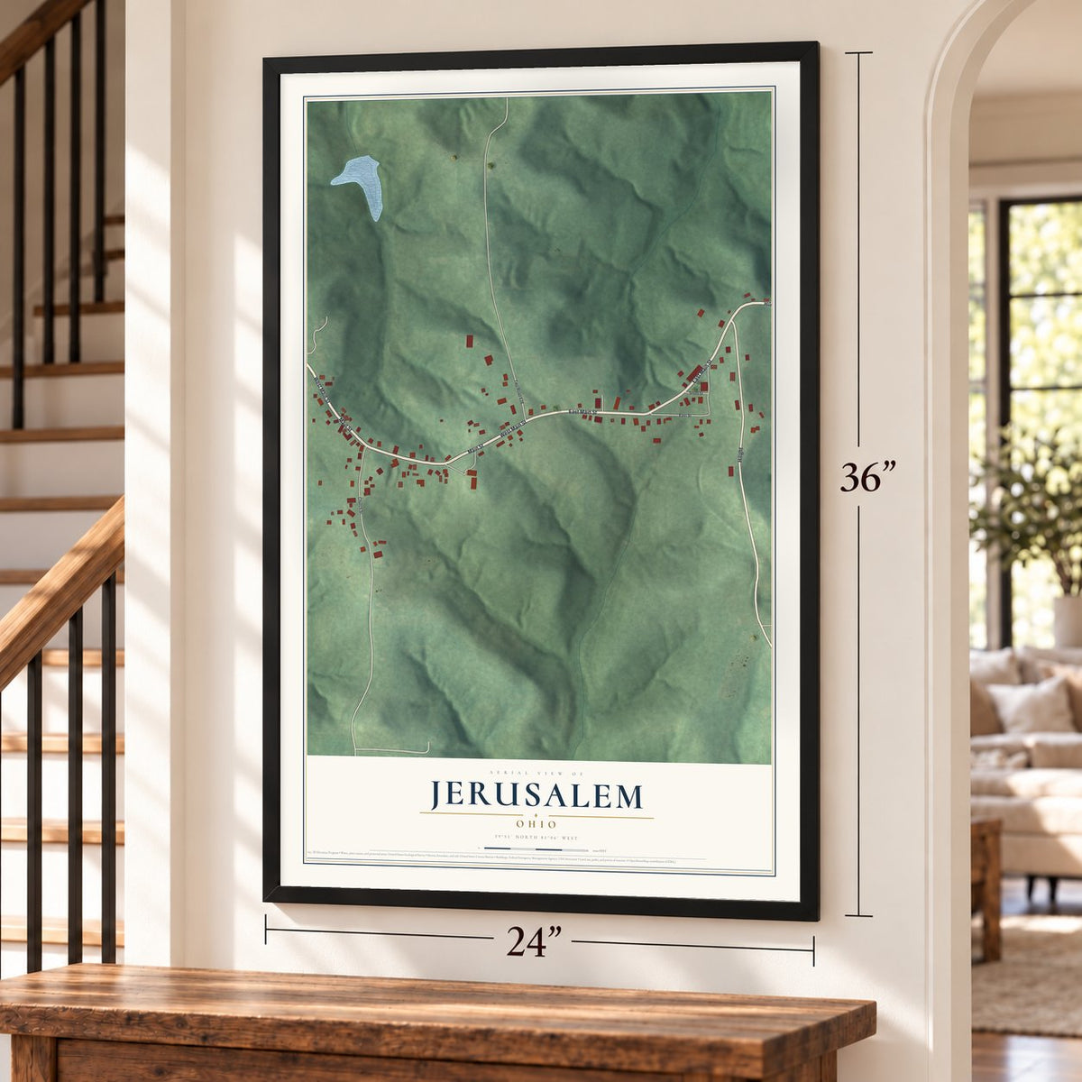 Jerusalem, Ohio map, 24 x 36 inch print in a black frame by a staircase