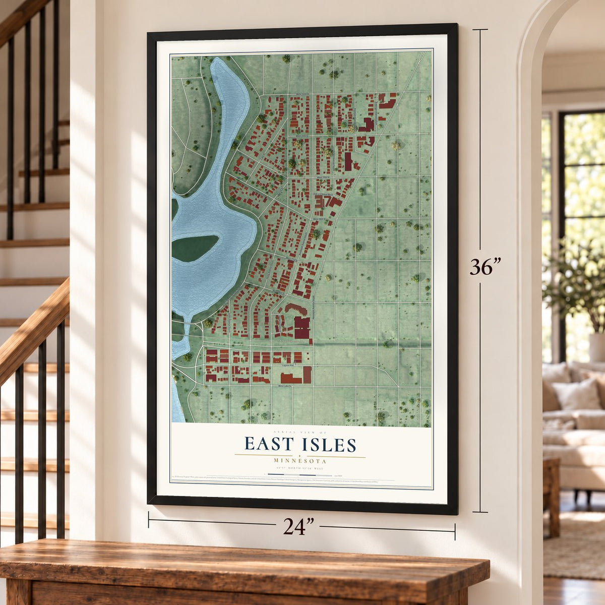 East Isles, Minnesota map, 24 x 36 inch print in a black frame by a staircase