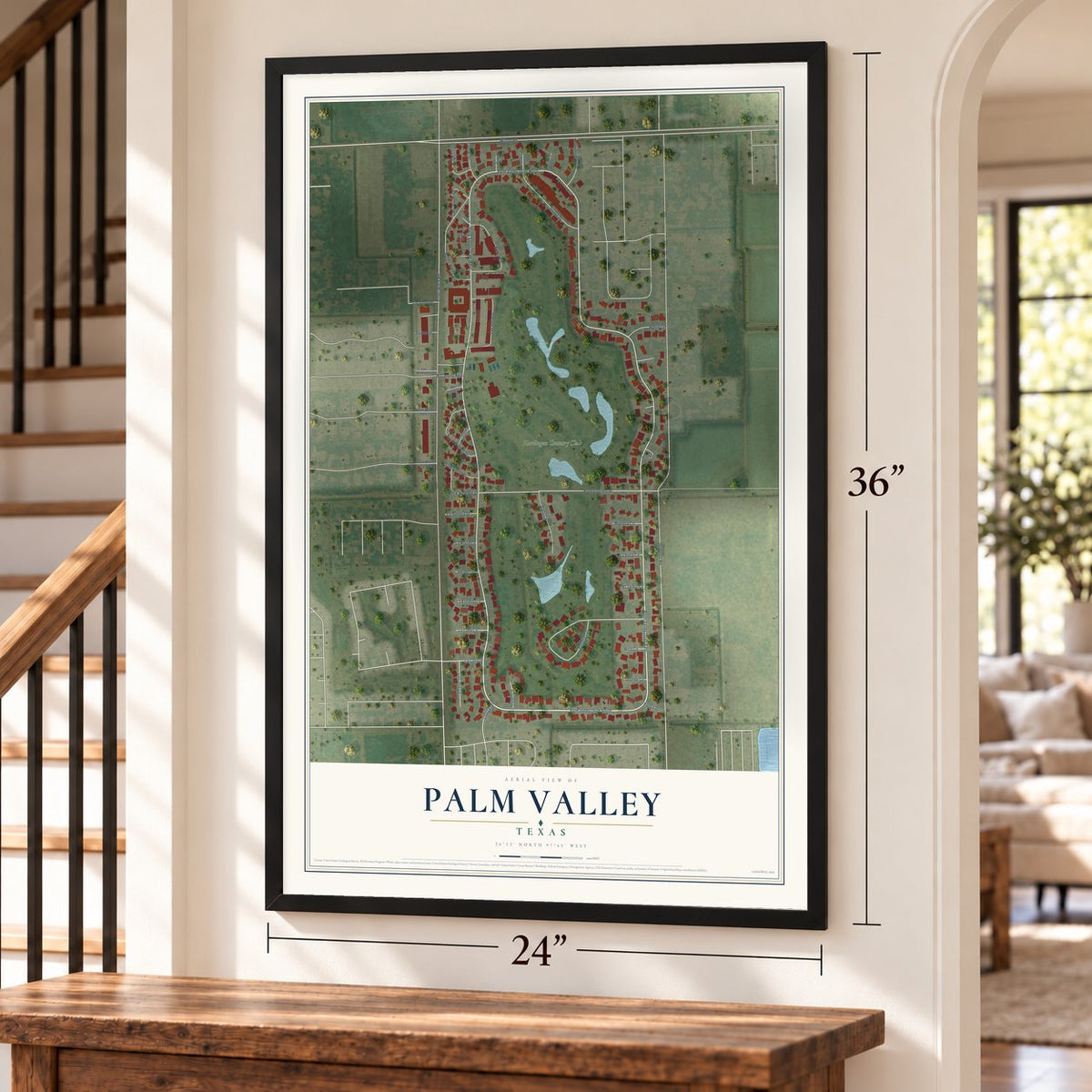 Palm Valley, Texas map, 24 x 36 inch print in a black frame by a staircase