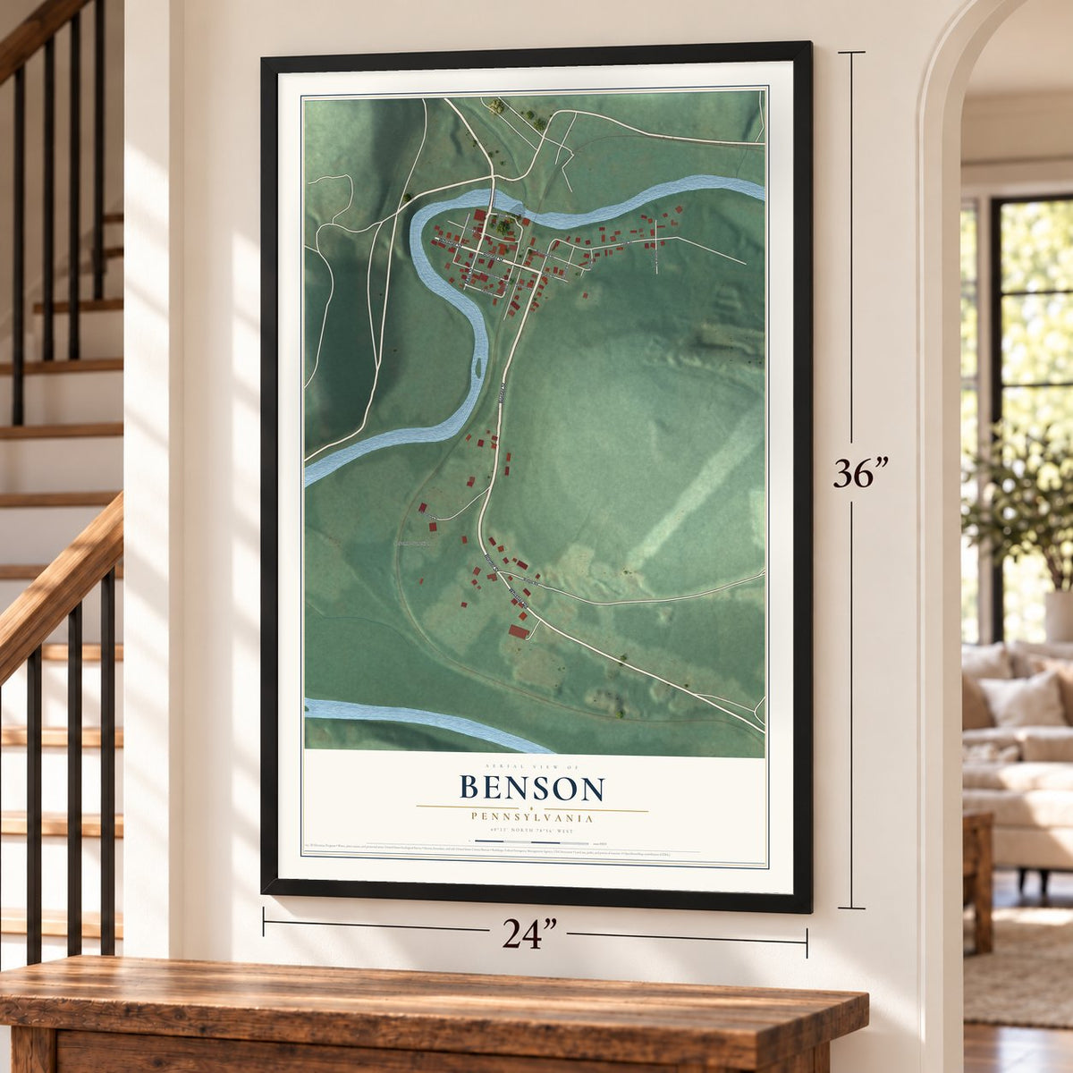 Benson, Pennsylvania map, 24 x 36 inch print in a black frame by a staircase