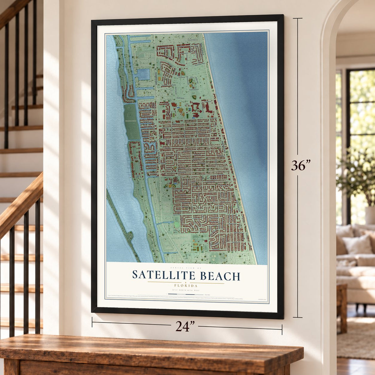 Satellite Beach, Florida map, 24 x 36 inch print in a black frame by a staircase