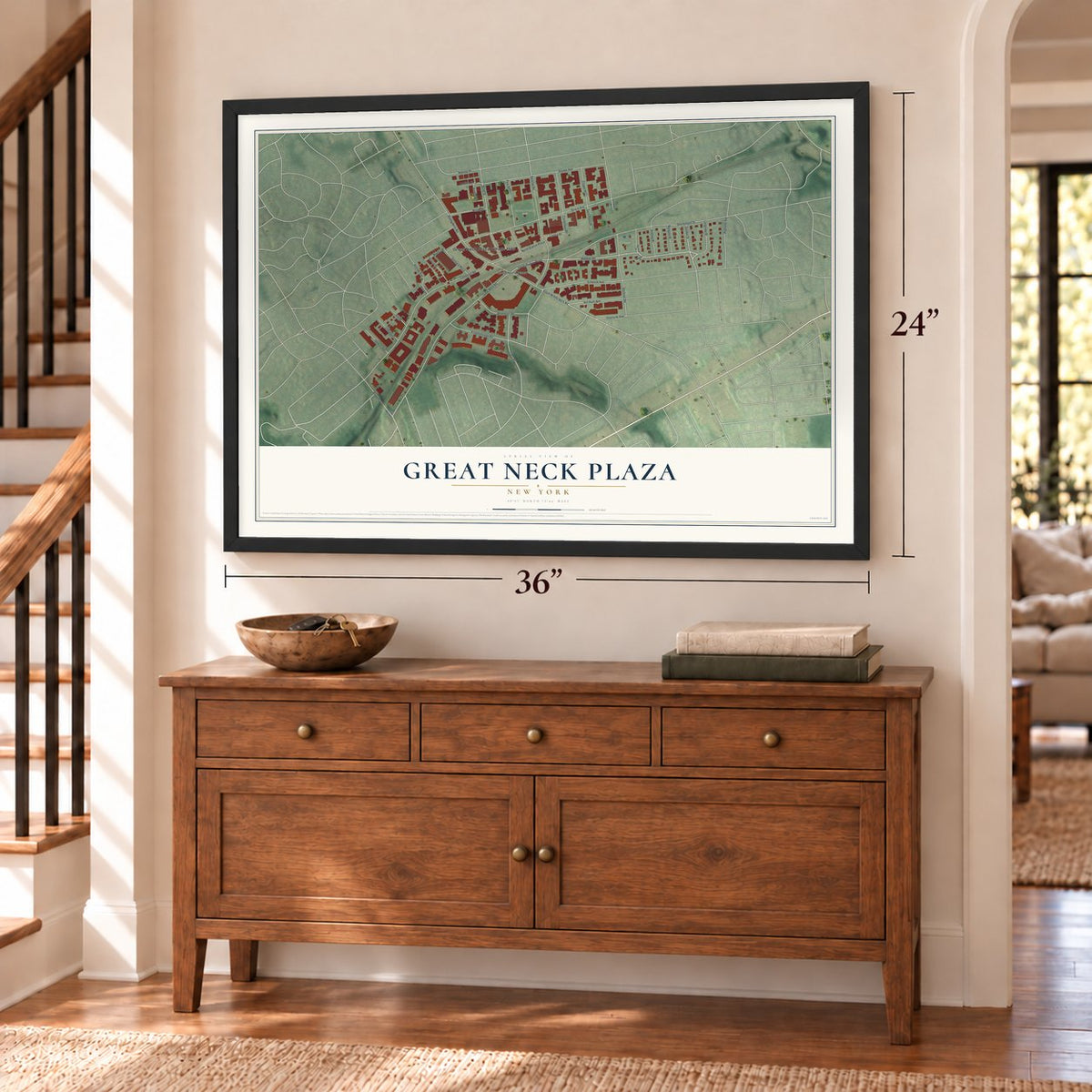 Great Neck Plaza, New York map, 24 x 36 inch print in a black frame above a dresser by a staircase