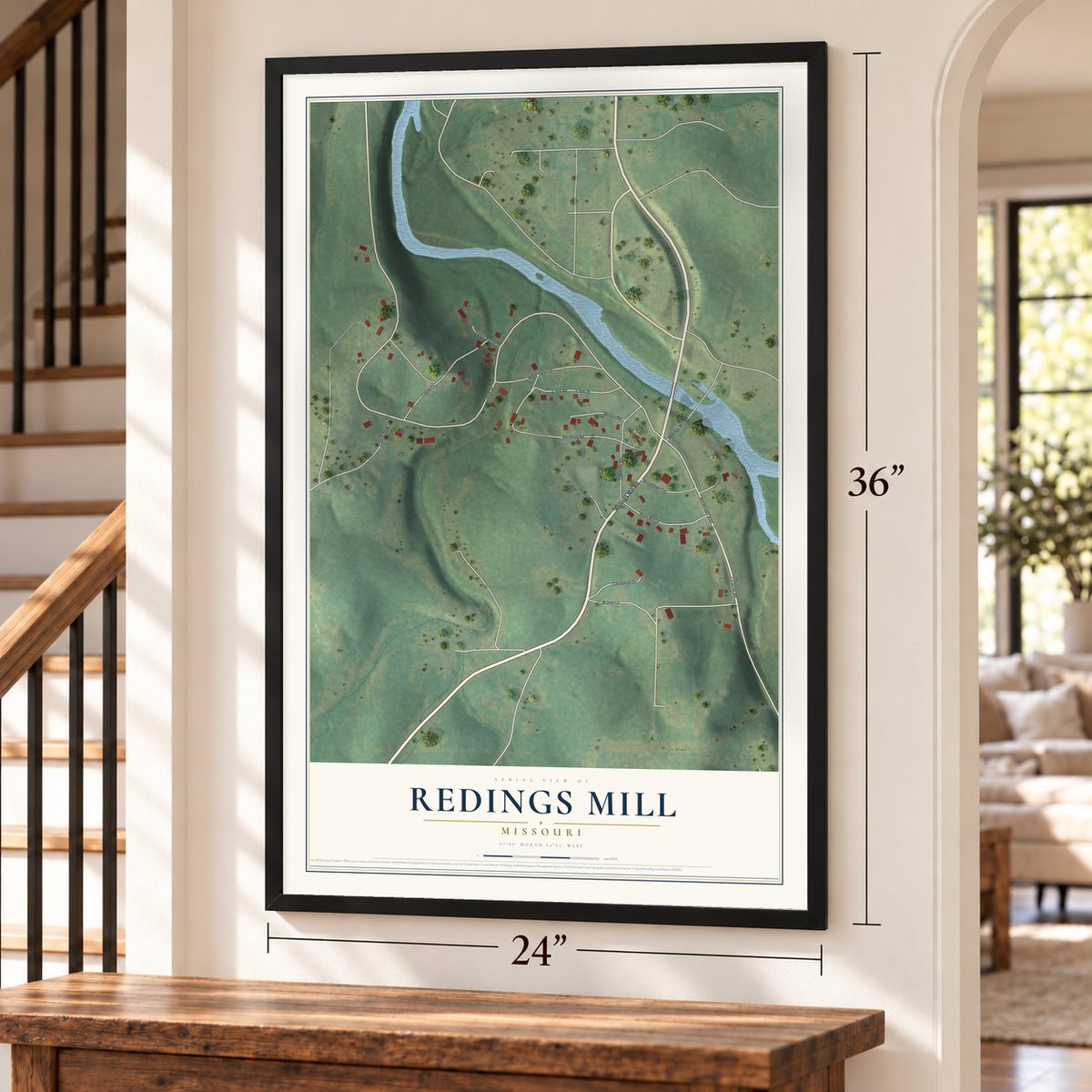 Redings Mill, Missouri map, 24 x 36 inch print in a black frame by a staircase