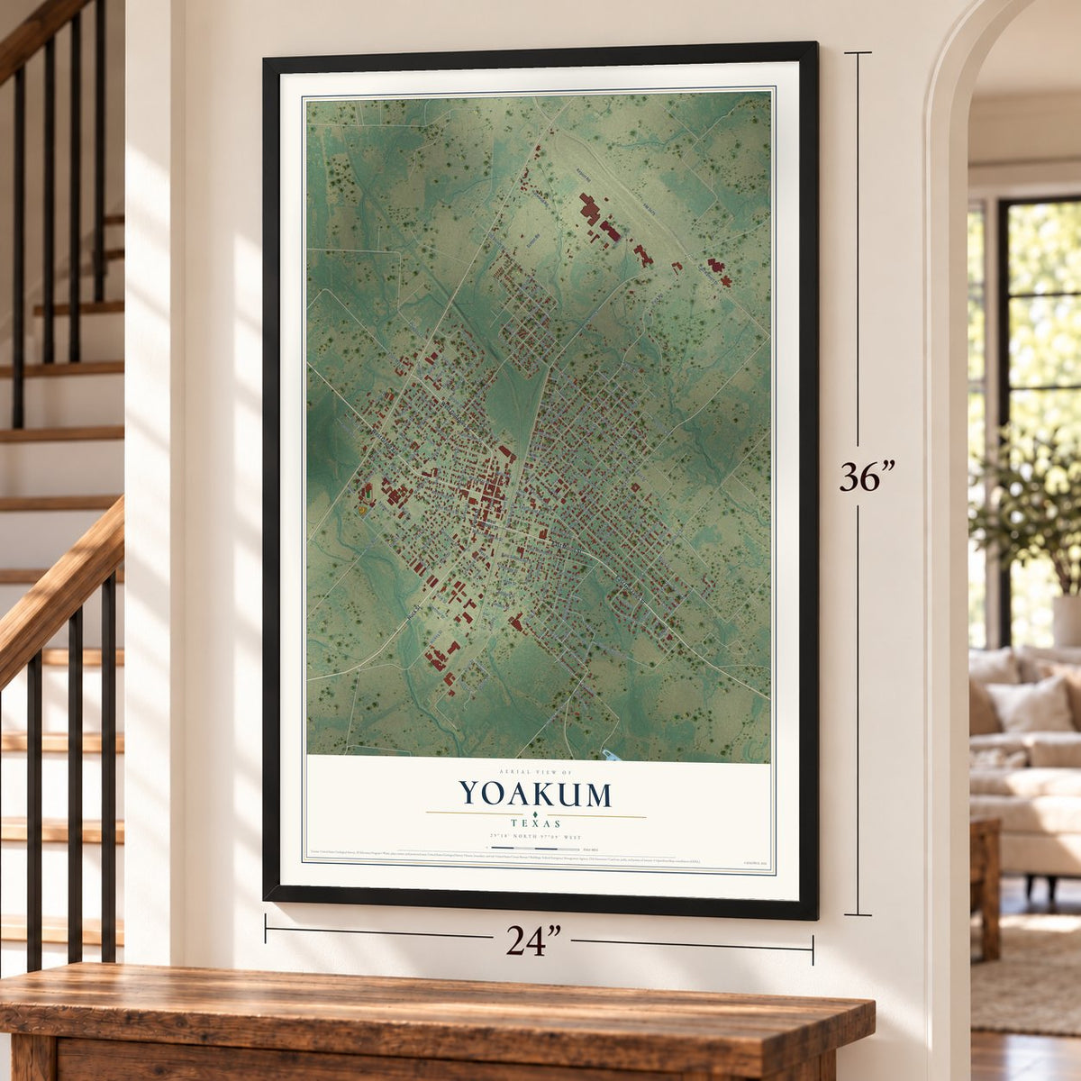 Yoakum, Texas map, 24 x 36 inch print in a black frame by a staircase